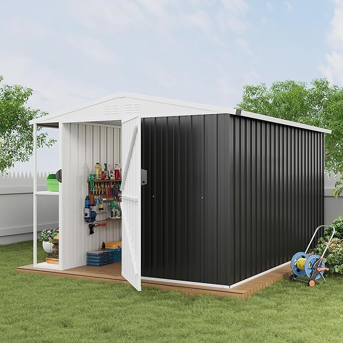 8X10 FT Large Metal Outdoor Storage Shed, Galvanized Steel Garden Tool Shed with Lockable Double Doors & Ventilation for Bicycles, Tools, Lawnmowers, Backyards, Patios, Lawns, Brown