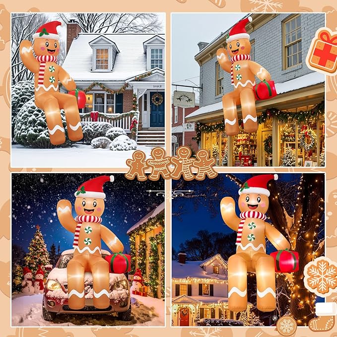10FT Christmas Inflatable Outdoor Decoration, Sitting Waving Gingerbread Inflatables Outdoor Decorations with Built-in LEDs, Gingerbread Blow Up Yard Decorations for Xmas Party Holiday Decor