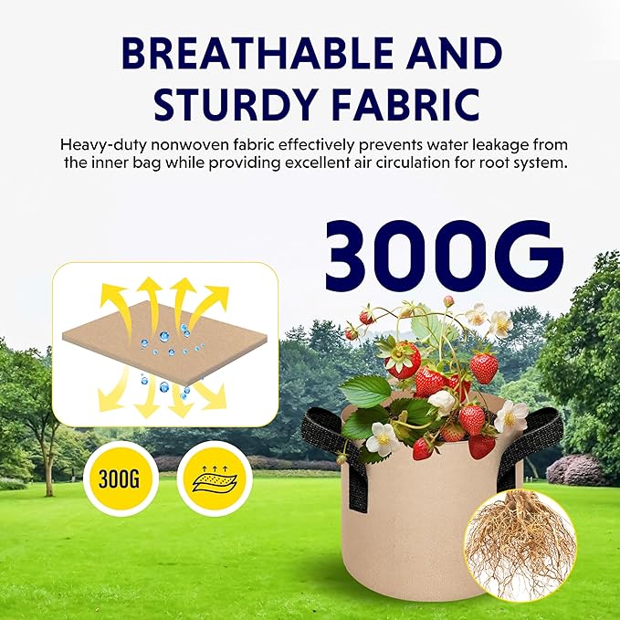 iPower 5-Pack 2 Gallon Plant Grow Bags Thickened Nonwoven Aeration Fabric Pots Heavy Duty Durable Container, Strap Handles for Garden, Tan