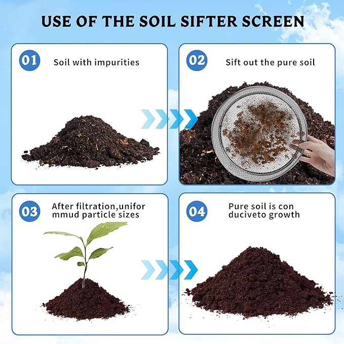 3PCS Soil Sifter Set with 5mm, 3mm, 1mm Mesh - Rock Garden Sieve for Sand, Soil, Compost | Metal Dirt Strainer with Shovel Tools for Gardening, Bonsai, Beach, and Gravel