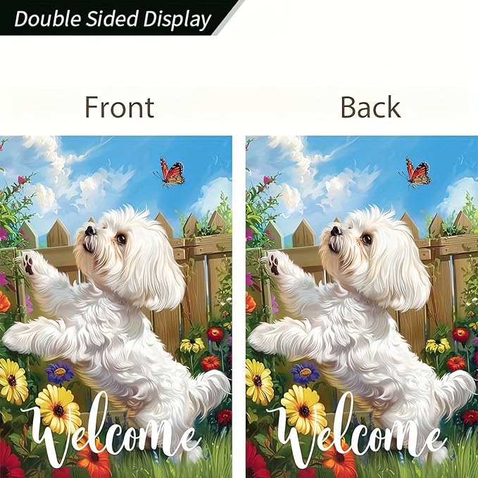 BlissYard Welcome Spring Summer Flowers Maltese Dog Garden Flag Lovely Floral Seasonal Home Decor Banner 12x18 Double Sided Funny Dog Garden Flag Farmhouse Outdoor Yard Decoration Flag