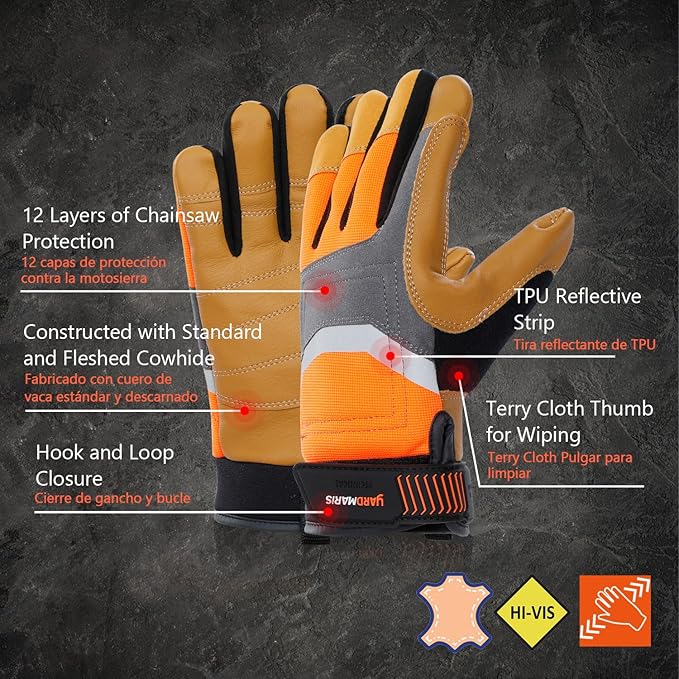 Chainsaw Gloves, Genuine Leather Logging Safety Gloves, 12-Layer Anti-cutting Protection on Left Hand Back, Cowskin