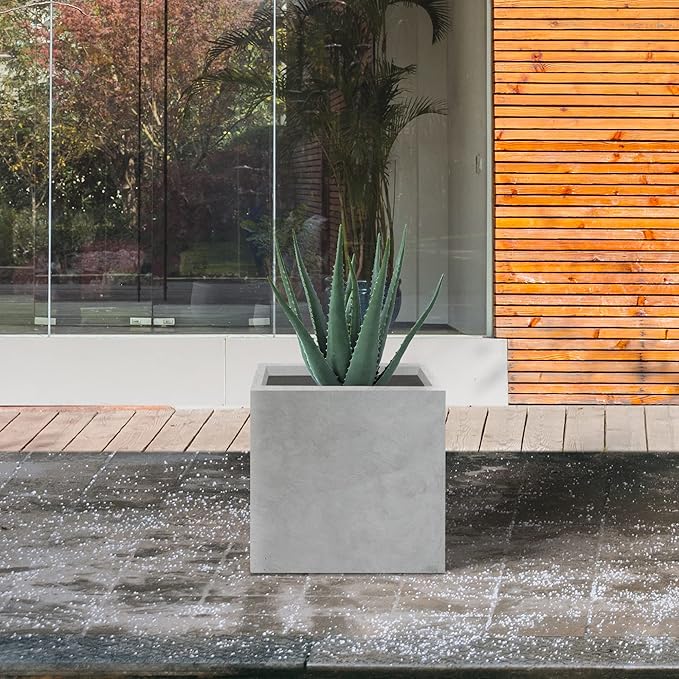 Kante 12 Inch Square Concrete Planter for Outdoor Indoor Home Patio Garden, Large Plant Pot with Drainage Hole and Rubber Plug, Natural Concrete