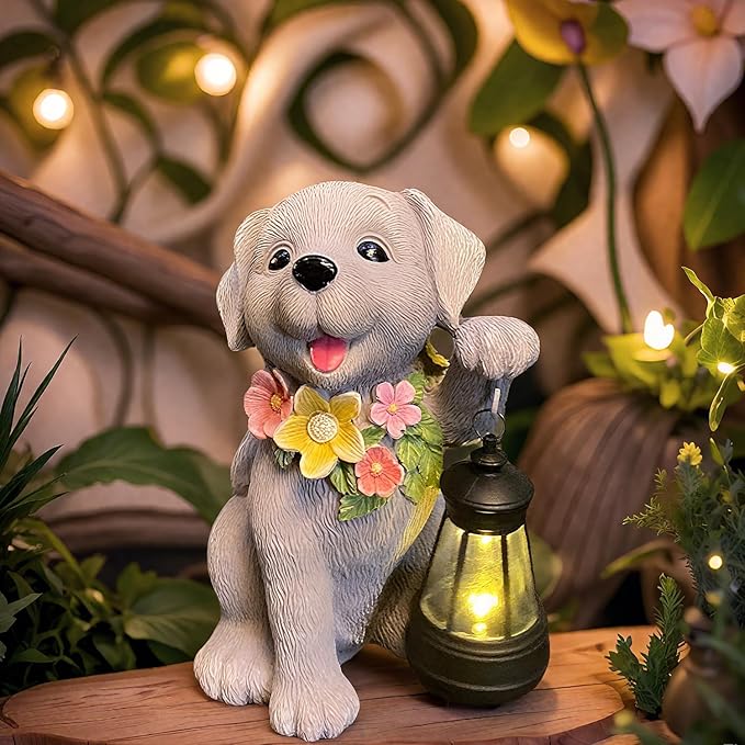 Solar Dog Statue for Garden, Dogs Solar Light with Lantern, Outdoor Cute Dog Statues for Yard, Lawn, Patio Decoration, Birthday, Housewarming, Gardening Gifts for Women