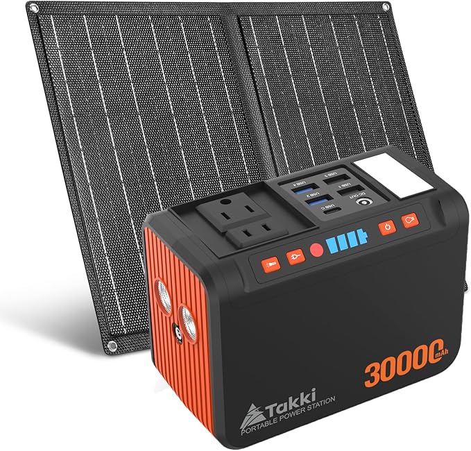 Takki 111Wh Portable Solar Generator Power Station with 21W Foldable Solar Panel, 120W Peak Solar Charger Power Bank with 110V AC DC USB Ports for Camping Emergency Outdoor Home Use