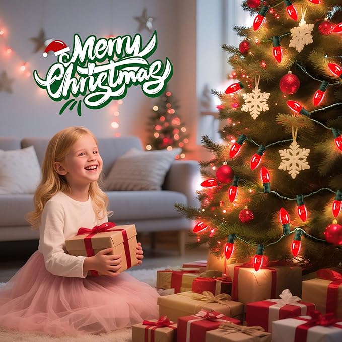 Minetom C9 Red Christmas String Lights, 25FT 25 Blubs Bright & Warm Outdoor Christmas Lights, Long Life C9 String Lights for Tree Patio Gazebo Wreath, Green