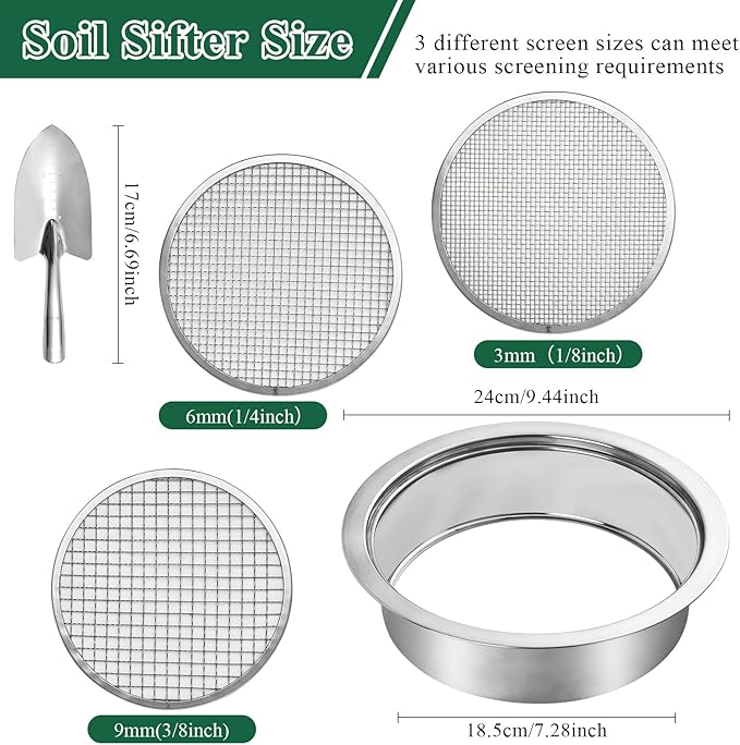 Soil Sifter, Soil Sifter for Rocks with 3 Sieve Mesh, 3mm 6mm 9mm, Stainless Steel Rock Sifter, Garden Potting Sieves with Shovel, Fine Mesh Sieve for Topsoil, Fine Sand