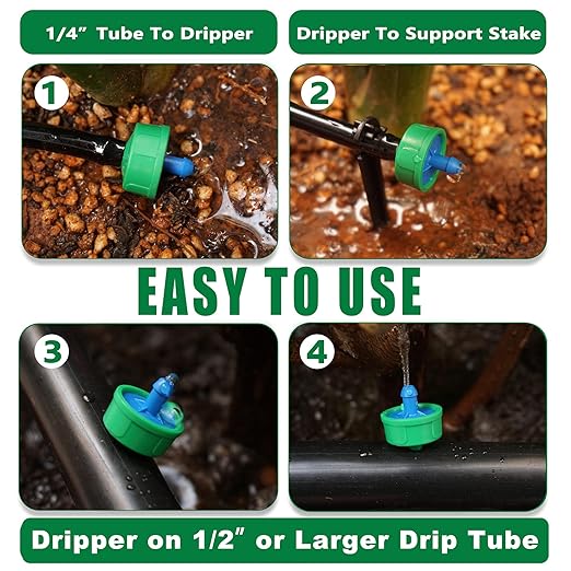 0.5 GPH Drip Irrigation Emitters Pressure Compensating Drippers Constant Flow Heads Parts Garden Flower Pots Plants Systems Dig Kit for 1/4 Inch Watering Tubing Line 50-Pack, 1/2 GPH