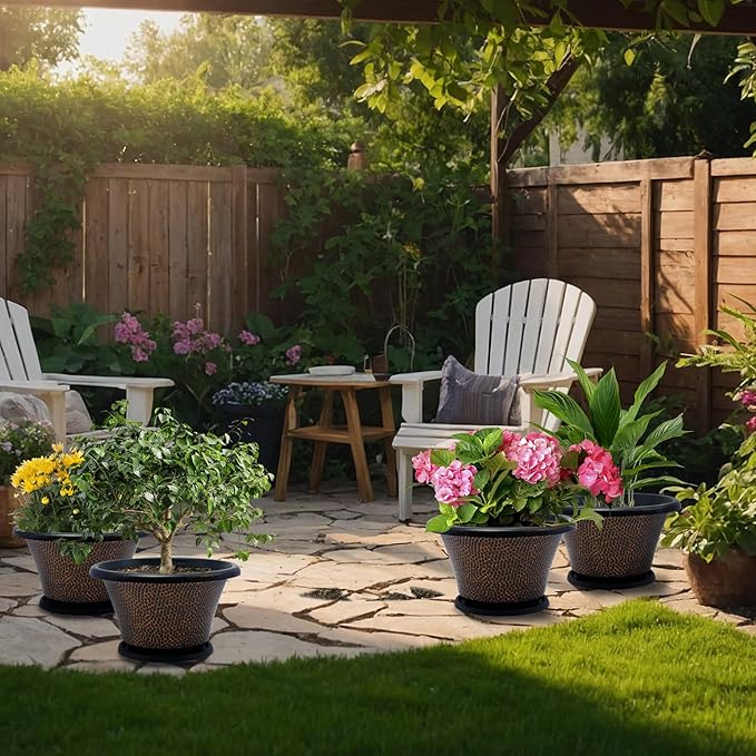 Quarut 12 Inch Pots for Plants,4 Pack Large Flower Pots with Drainage Hole & Saucer,Modern Planters for Indoor Outdoor Plants,Decorative Resin Garden Pots Brown