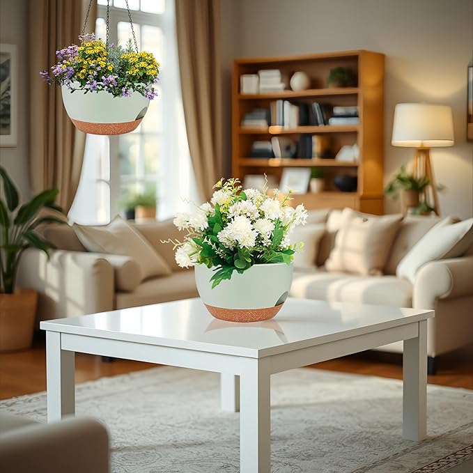 2 Pack 12 Inch Large Hanging Planters with Chains Self Watering Green Brown Plastic Hanging Pots for Indoor Outdoor Plants, Garden Porch Home Decor,Green Brown