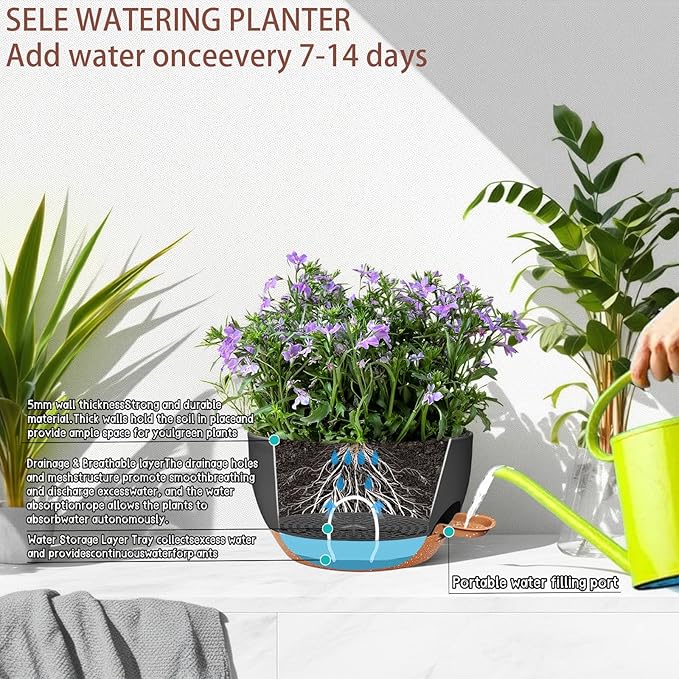 2 Pack 12 Inch Large Hanging Planters with Chains Self Watering Black Brown Plastic Hanging Pots for Indoor Outdoor Plants, Garden Porch Home Decor,Black Brown