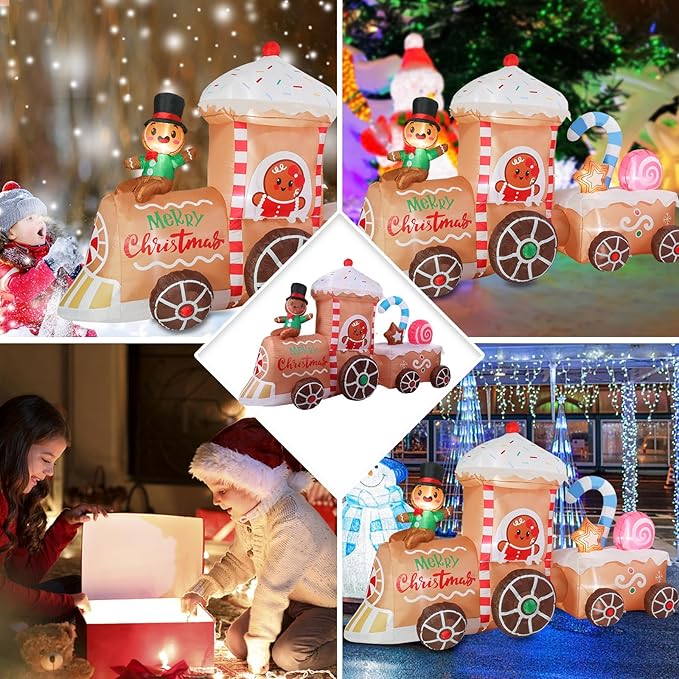 VCUTEKA Christmas Inflatables Gingerbread Outdoor Decorations - 8FT Inflatable Gingerbread Man in Gingerbread House Train Christmas Blow Up Yard Lighted for Holiday Garden Lawn Xmas Decor