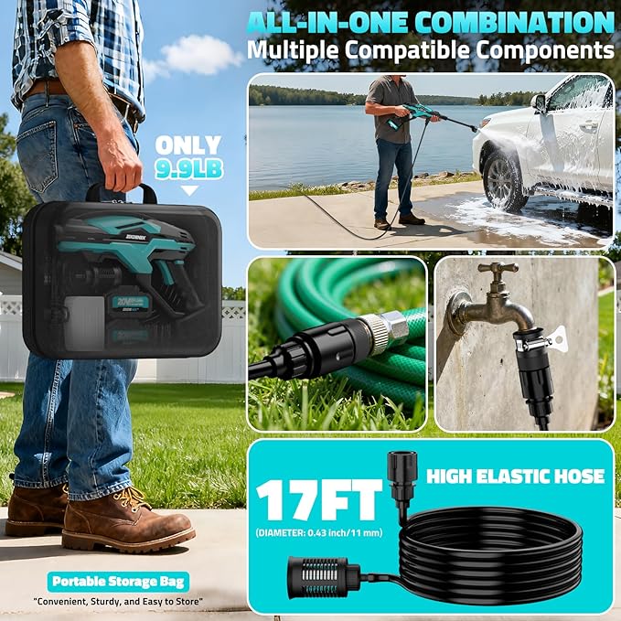 Cordless Pressure Washer, 800PSI Brushless Power Washer with 2 x 4.0Ah Battery, 17FT High Elastic Hose, 6-in-1 Nozzle and Storage Handbag, 3 Power Level Portable Pressure Washer for Home, Car, Garden