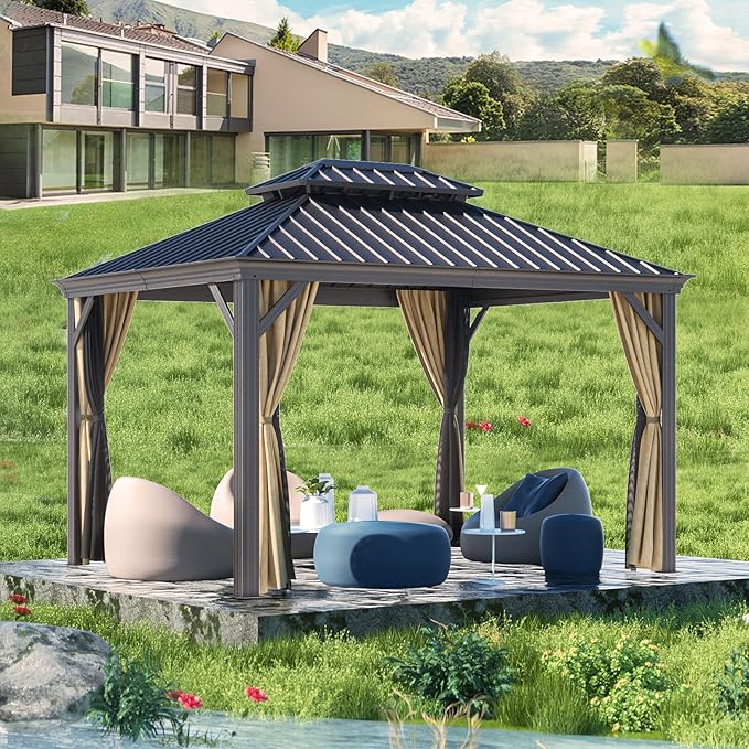 Gazebo 10' x 12' with Mosquito Net and Privacy Sidewalls, Patio Aluminum Permanent Gazebo, All Weatherproof Outdoor Hardtop Metal Gazebos,for Patio, Garden, Parties, Backyard,Lawn.