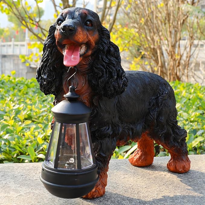 Garden Dog Statues Outdoor Decor, Solar Lights Outdoor Cocker Spaniel Figurine Garden Decorations Solar Dog Ornaments for Patio, Lawn, Yard Art Decoration, Housewarming Gifts