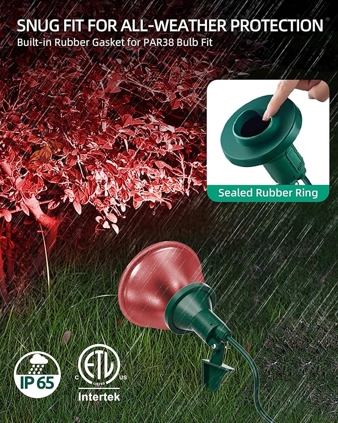 Outdoor Flood Light Holder with Ground Stake, Plug-in Waterproof Spotlight Fixture, PAR38 Compatible, E26 Socket, 6FT Extension Cord, ETL Listed, Garden & Yard Lighting, 2 Pack