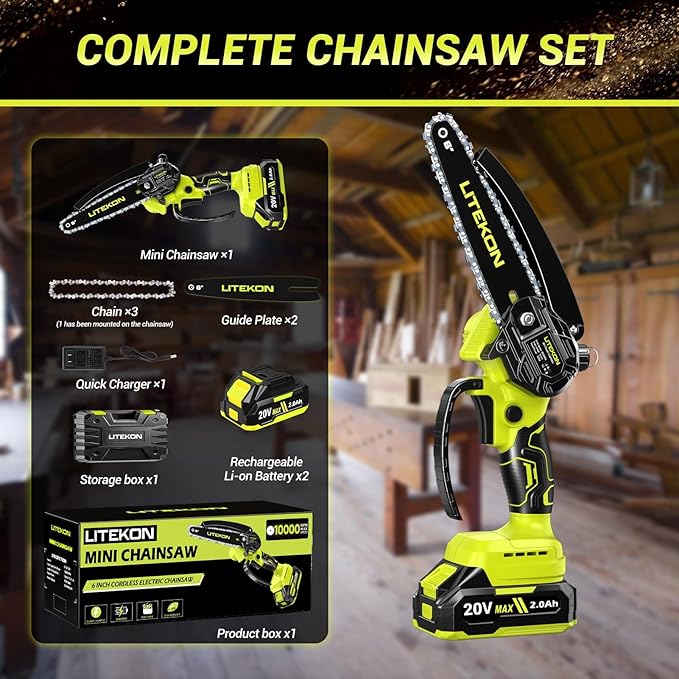 Mini Chainsaw High Power with 1000W Motor, 36 FT/S Cordless Power Chainsaw with Auto-Oil System, 2025 Upgraded 6Inch 20V Electric Chain Saw with 2x2000mAh Battery & Quick Charger, 3 Chains
