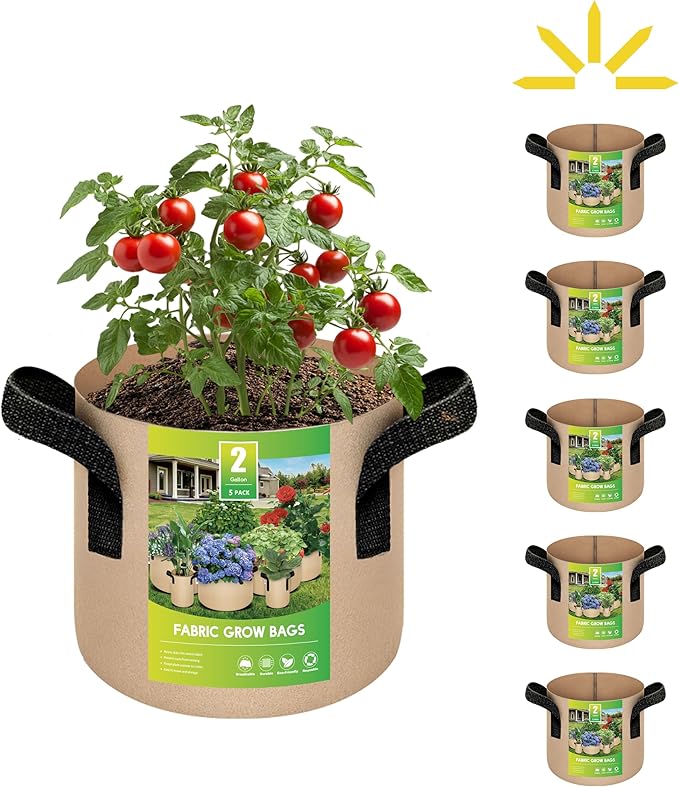 iPower 5 Pack 2 Gallon Grow Bags Heavy Duty 300G Thickened Nonwoven Fabric Plant Pots with 5 Labels & Handles for Outdoor Garden, Aeration Planter Bags for Fruits, Vegetables, Tomato & Flowers, Tan