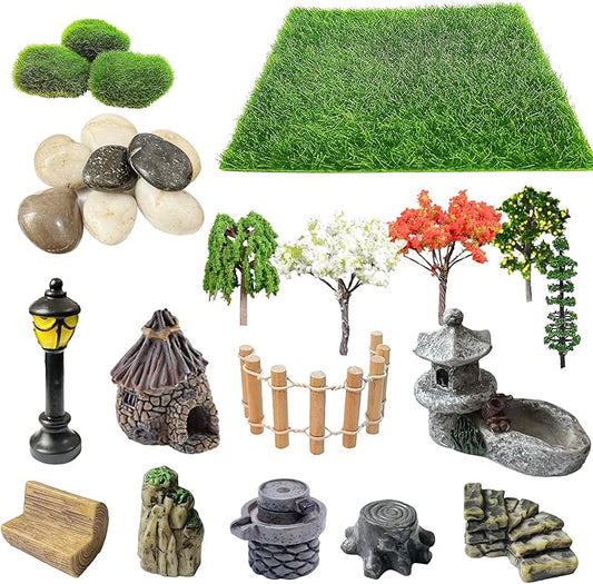 Cayway 26 PCS Outdoor Fairy Garden Miniatures Mini Zen Garden Accessories, Artificial Garden Grass, Model Trees, Terrarium Ornaments, Dollhouse Supplies, Bonsai Decorative Craft Tools Kit