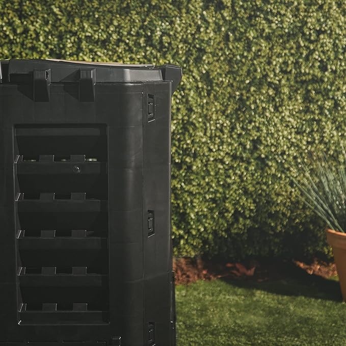 VonHaus Compost Bin for Garden 360L – Composter with Slatted Design for Aeration, Rainwater Collection, Side Flap & Lid – Outdoor Compost Converter – Frost & UV Resistant - Black