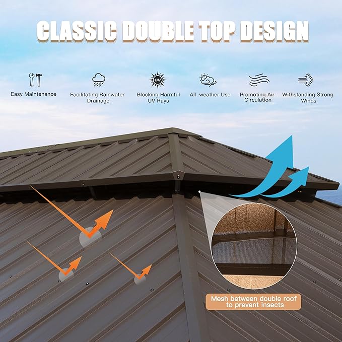Domi 14' X 22' Hardtop Gazebo Outdoor Metal Gazebo Canopy with Galvanized Steel Double Roof, Aluminum Frame, Curtains and Netting for Patio, Deck, Garden, Brown