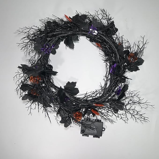 Halloween Garland with Lights 8.86FT 72LED Willow Vine Twig with Timer Black Garland Lights with Orange Pumpkins Purple Spiders and Black Leaves Dead Branches Halloween Decorations Indoor Outdoor