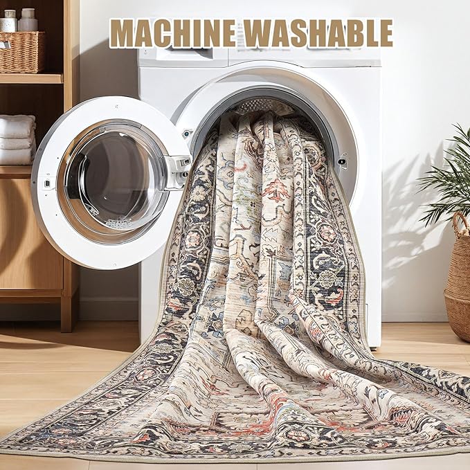 10x14 Area Rugs for Living Room - Large Carpet Ultra Thin Soft Washable Oriental Vintage Floral Distressed Rug Big Indoor Carpets for Bedroom Nursery Dorm Home Decor Aesthetic - Multi
