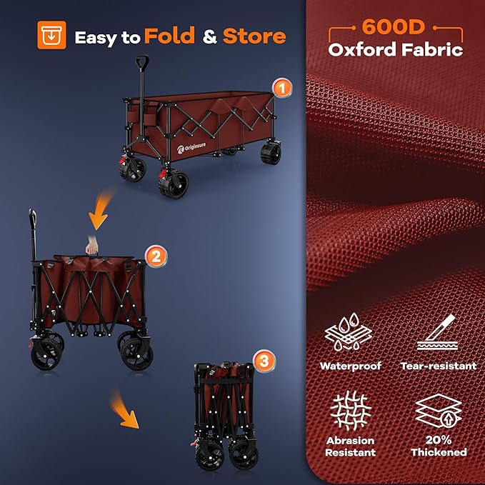 48" L Collapsible Wagon Cart Foldable, 560lbs Weight Capacity 300L Heavy Duty Folding Beach Wagons with Big All-Terrain Wheels, Utility Carts for Groceries, Shopping, Camping, Sports - Red