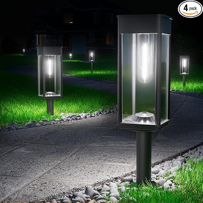 Bright Solar Lights Outdoor Waterproof IP65, 4 Pack Pathway Lights Solar Powerd, Auto On/Off Solar Outdoor Lights for Path, Yard, Landscape, Lawn, Patio, Walkway, Driveway, Garden Decor
