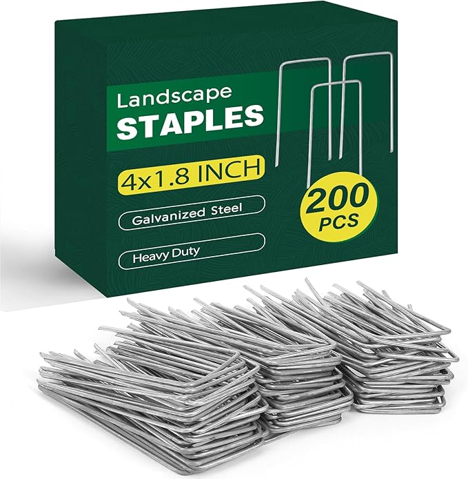 CEWOR 200 Pack Landscape Staples 4 Inches, Galvanized Metal Garden Stakes Landscaping Landscape Fabric Staples Sod Pins for Lawn, Barrier Fabric, Garden Fence, Ground Cover