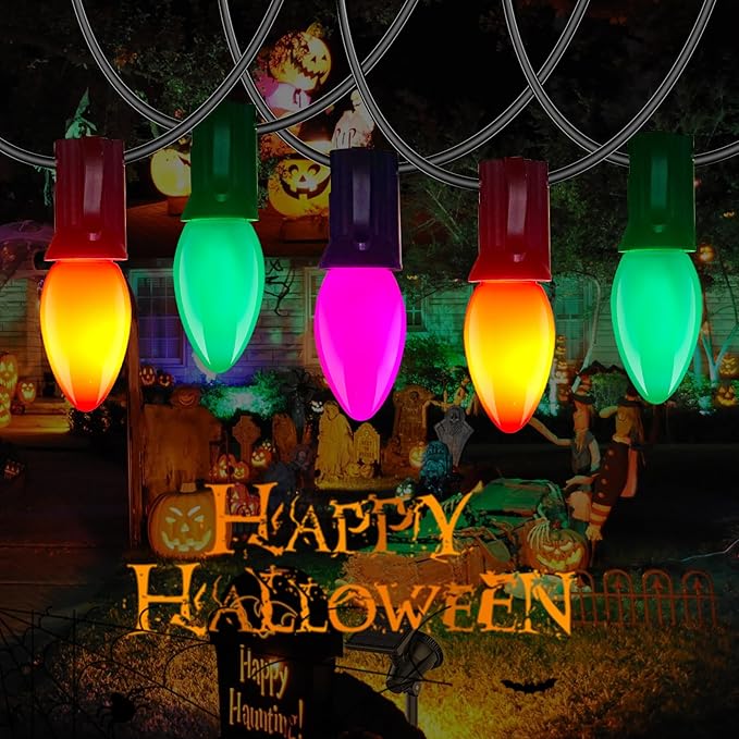 C7 LED Christmas Lights, 25FT String With 27 Orange Green and Purple Bulbs, Hanging Decoration for Outdoor Indoor Patio Home Party Garden Yard - Black Wire