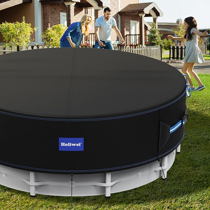 24 Ft Round Pool Cover with Reflective Strips, 420D Swimming Pool Cover for Above Ground Pools, Solar Cover with Drawstring and Ground Nails for Dustproof, UV Protected