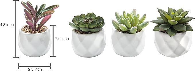 MyGift Miniature Artificial Succulents, Indoor Fake House Plants in Round White Geometric Ceramic Pots, Set of 4