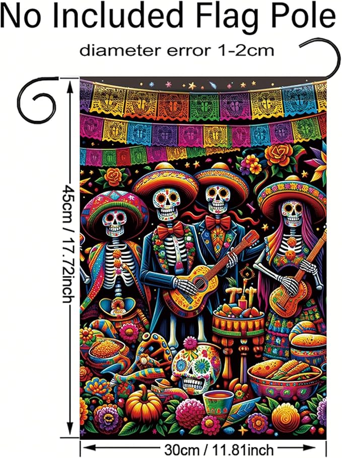 Day of the Dead Garden Flag 12x18 Inch Mexican Sugar Skull Skeleton Band Yard Banner Double Sided Outdoor Dia de los Muertos House Flag Colorful Skull Porch Lawn Decor