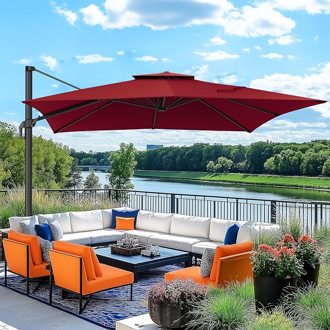 Hotime 10ft Cantilever Umbrella Outdoor Patio Umbrella Windproof Heavy Duty Double Top Offset Patio Umbrella Cantilever Pool Umbrella with 360°Rotation for Garden Deck Pool, Wine Red