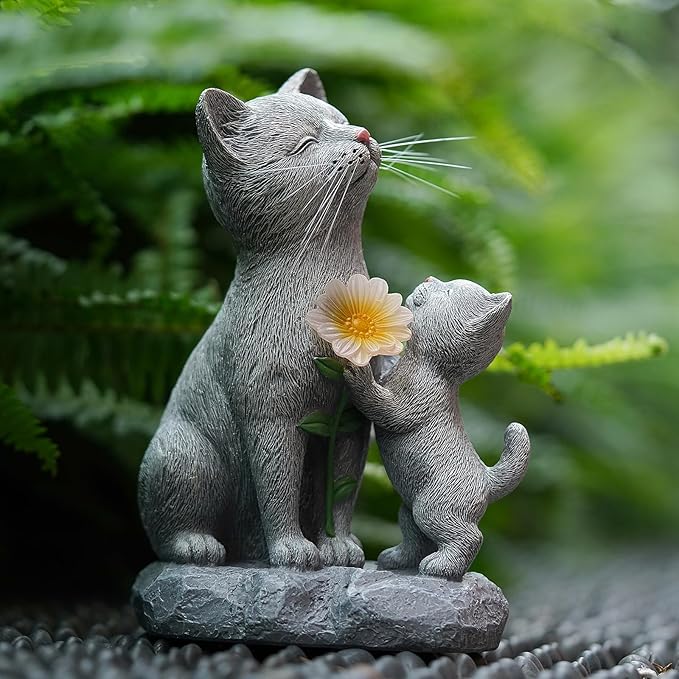 Solar Cat Garden Statue Outdoor Decor - Mother & Kitten Figurines with Flower LED Light, Outside Yard Art Patio Balcony Lawn Ornament, Unique Gifts for Cat Lover