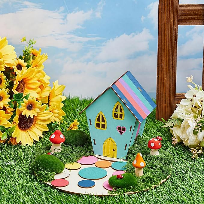 Kathfly 8 Sets Wooden Fairy House Craft Kit, Fairy Garden Kit with Paints & Decorations, Unpainted Miniature Accessories for Home Event Party Decor, Arts Crafts Birthday Gift