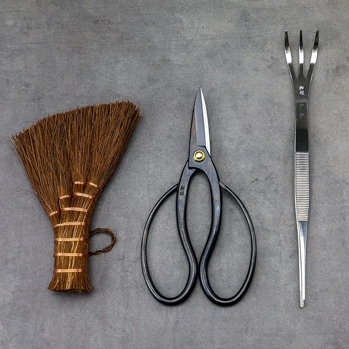 Wazakura Japanese Bonsai Garden 3PCS Tool Starter Kit, Made in Japan, Traditional Bonsai Scissors, Stainless Tweezers with Rake, Chinese Broom. Beginner Set wit Tweezers, Shears and Brush
