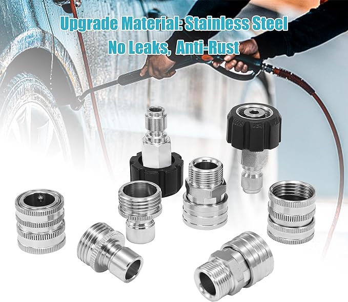 Tool Daily Pressure Washer Adapter Set, Stainless Steel Quick Connect Kit, M22 14mm to 3/8" Quick Disconnect Kit for Power Washer, 8 PCs