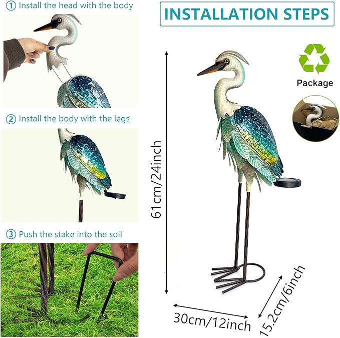 HONGLAND Solar Heron Metal Crane Statue Garden Heron Sculpture, Glass Outdoor Crane Yard Art Coastal Ocean Bird Decor 24 Inch Lawn Ornament for Backyard Porch Patio Decor(Green)