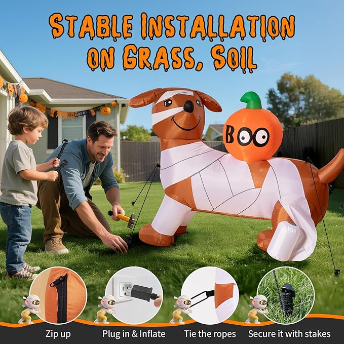 Dawdix 5FT Halloween Inflatable Mummy Dog Outdoor Decoration, Funny Blow Up Puppy Wrapped in Toilet Paper with Boo Pumpkin, Halloween Inflatable Dachshund Decor for Yard, Lawn, Garden, Porch