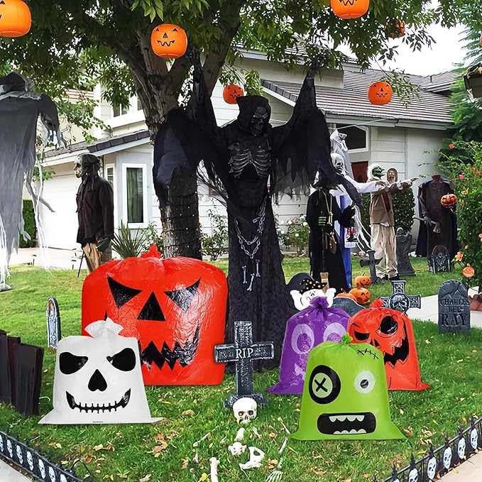 Halloween Pumpkin Leaf Bags, 10 Pcs Large Reusable Plastic Yard Trash Bags with Twist Ties for Fall Porch Decorations, Garden Waste & Outdoor Halloween Decorations
