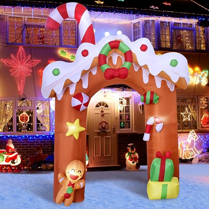 DearSun 10FT H Christmas Inflatable Gingerbread House Archway with Build-in LED Lights, Blow up Christmas Inflatable Outdoor Decorations Large Party Yard Decoration
