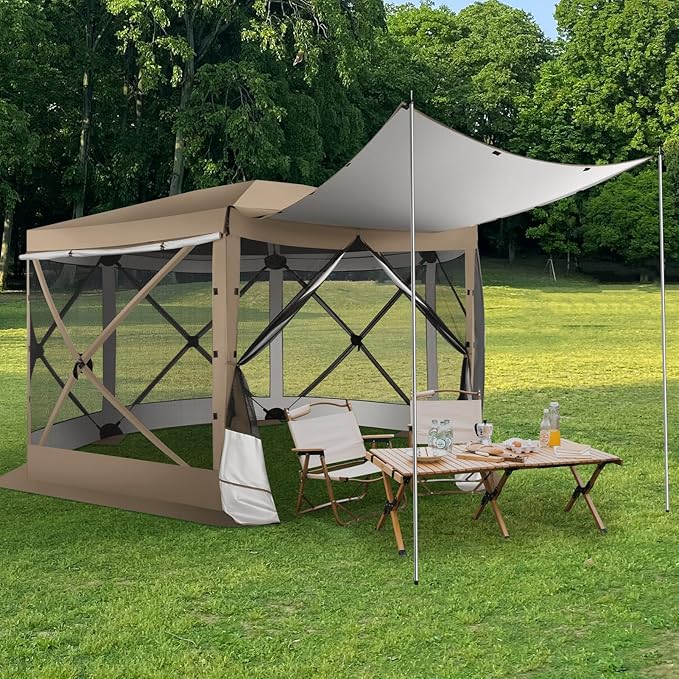 COBIZI 12x12 pop up Gazebo on Clearance Screen Tent for Camping, Scalable Sesign Outdoor Canopy Tent with Extension Support Poles & sidewalls,with Portable Carrying Bag and Ground Stakes,Khaki