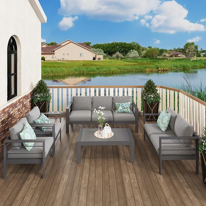 Solaste Aluminum Patio Furniture Set for All Weather, Oversized Metal Outdoor Furniture Set with 27.5" Deep Seating and 3.2" Wide Armrest, Outdoor Patio Conversation Set with 5" Cushion, Grey