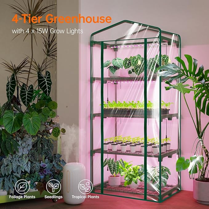 Bstrip Indoor Greenhouse with Grow Lights, 4 Tier 27.2" L×19.9" W×61.8" H Mini Greenhouse with Zippered PVC Cover for Seed Starting Trays, Dimmable 2FT 60W Plant Light for Indoor Plants with Timer
