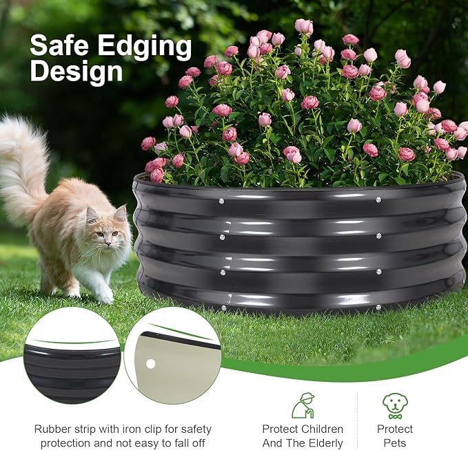 Galvanized Raised Garden Bed- 2Pcs 3x3x1FT Metal Planter Boxes Outdoor | Round Steel Raised Bed Kit & Fire Pit Ring for Gardening with Protective Tape, Gloves for Vegetables, Flower (Grey)