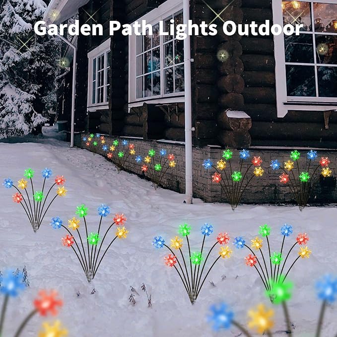 Set of 4 Snowflake Solar Christmas Decorations, 8 Modes Swaying Garden Lights, Outdoor Pathway Solar Christmas Stake Lights, Upgraded Base on Firefly Light for Lawn Decor (Multicolor)