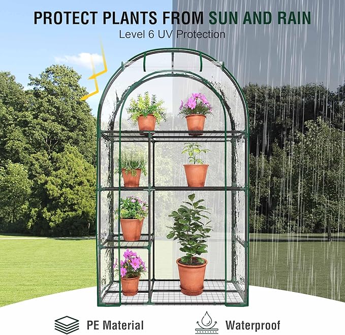 4-Tier Mini Greenhouse, 40 x 18 x 63 inch Steel Frame and PE Cover Plastic Plant Rack Stand Green House with Plant Repotting Mat for Indoor & Outdoor Use (Clear)