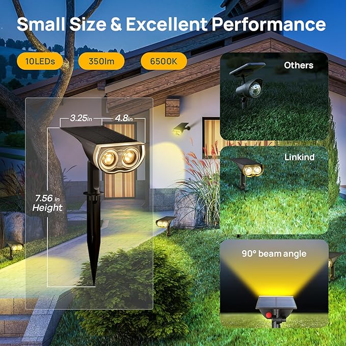 Linkind StarRayS Solar Lights Outdoor, 350LM Solar Spot Lights Outdoor, IP67 Waterproof Solar Lights for Garden, Yard, Landscape and Walkway, Warm White, 6 Pack